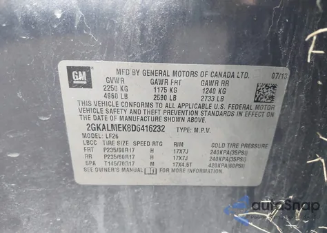 2013 GMC Terrain Sle-1 z USA, uszkodzony, nr VIN 2GKALMEK8D6416232